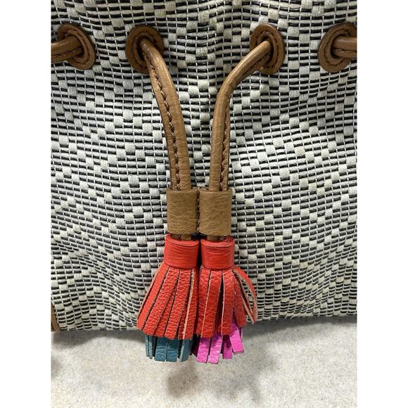 Fossil Claire Small Drawstring Bag Beige/Brown Woven W/Leather Trim Tassel 9x9 - Picture 5 of 14